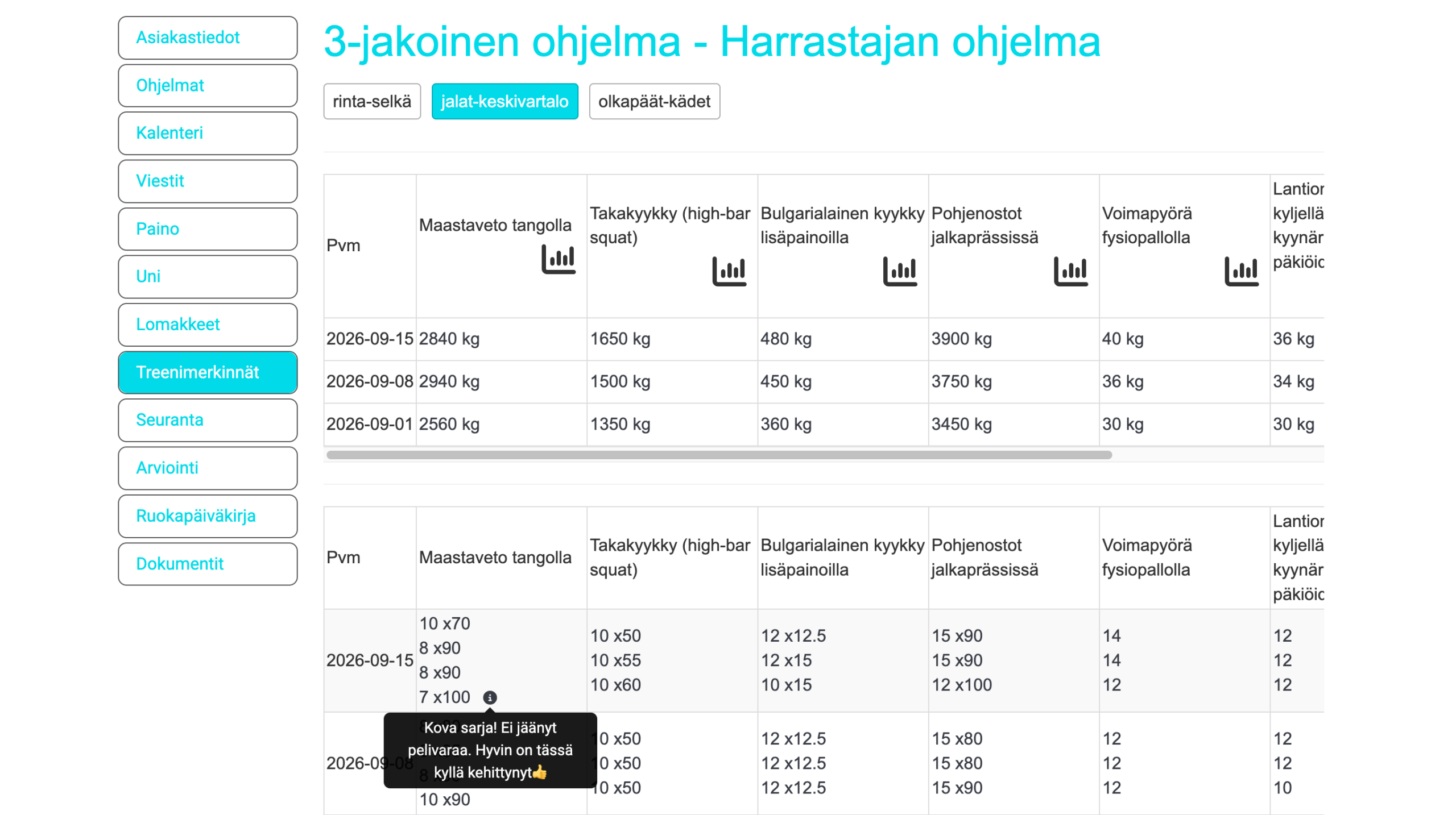 Asiakkaan treenimerkintä