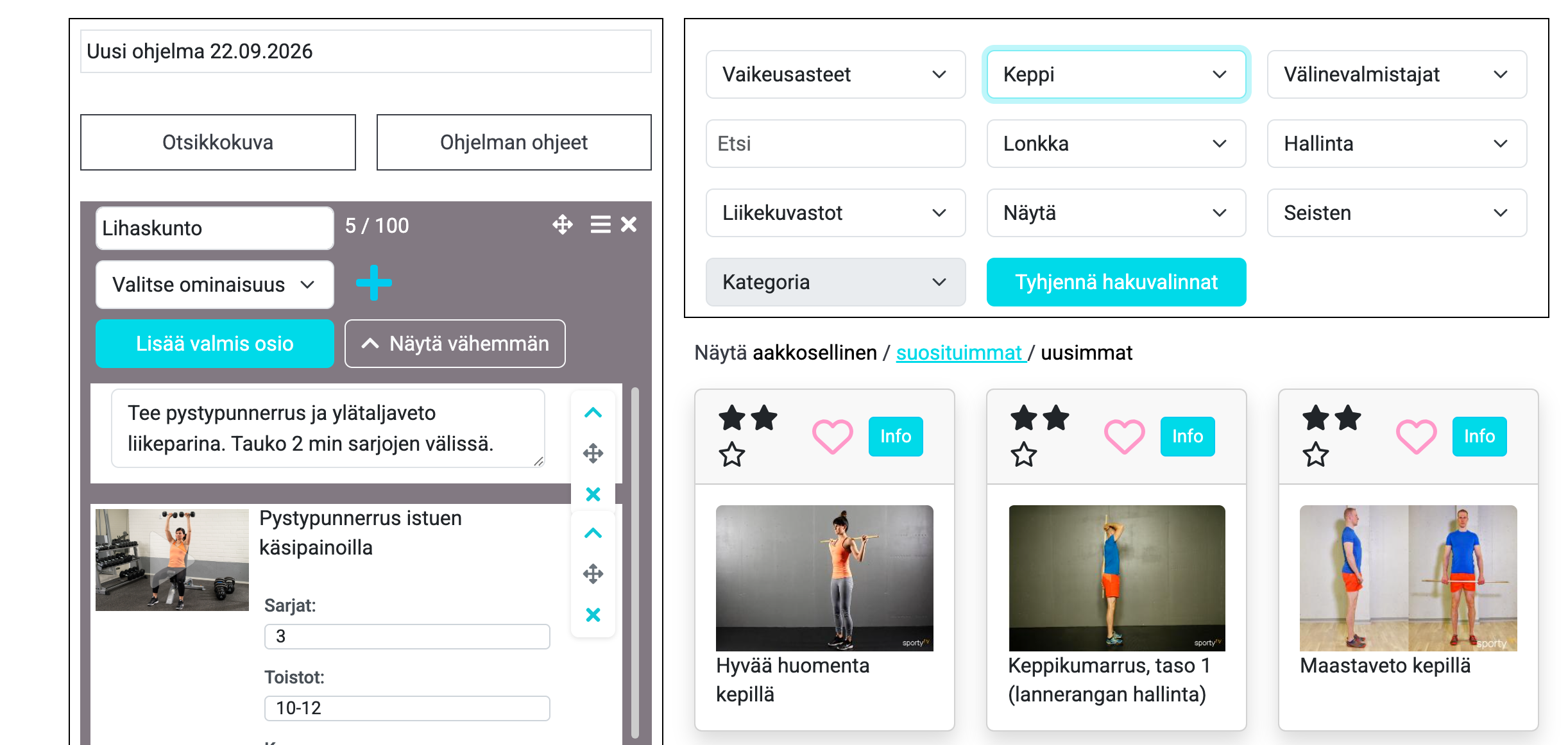 Planner liikkeiden rajaaminen
