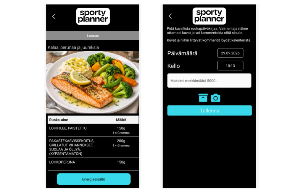 Ateria- ja ruokapäiväkirjan näkymä - Applikaatio